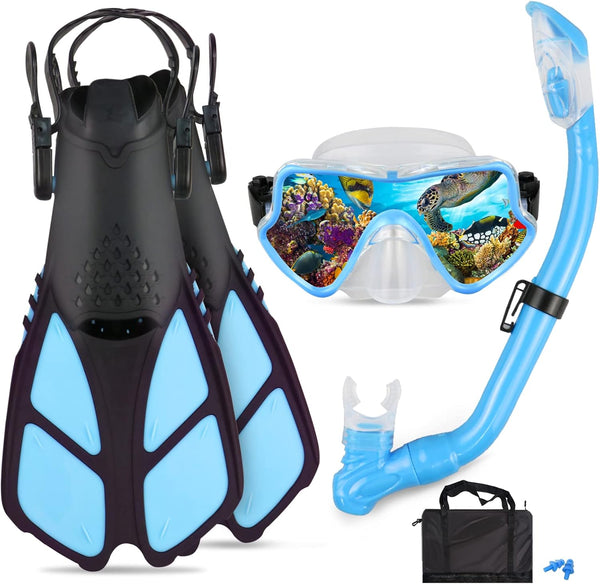 Kids Snorkeling Set with Adjustable Flippers, Panoramic Snorkel Mask, Dry Snorkel Tube, Travel Bags for Ages 5-14