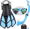 Kids Snorkeling Set with Adjustable Flippers, Panoramic Snorkel Mask, Dry Snorkel Tube, Travel Bags for Ages 5-14