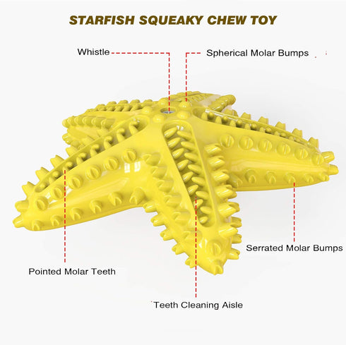 Dog Chew Toys, Squeaky Water Floating Starfish Toy, Natural Tooth Brush for Small Medium Dogs, Yellow
