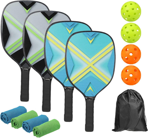 PATIKIL Pickleball Paddles Set with 4 Premium Wood Rackets, Cushion Grip, 4 Balls, Cooling Towels, Carry Bag