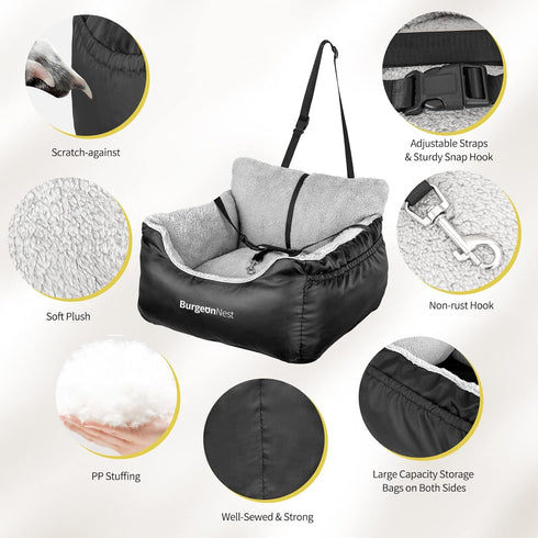 BurgeonNest Dog Car Seat for Small Dogs, Fully Detachable, Washable, Soft Booster Seats with Storage Pockets