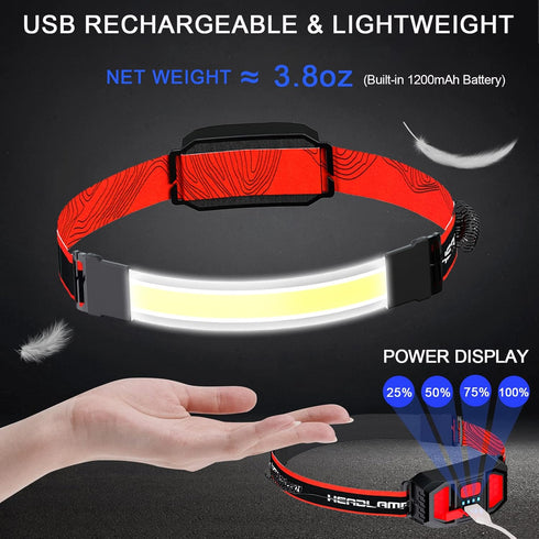 LED Rechargeable Head Lamp, High Lumens 230° Wide Beam Flashlight with Red Taillight for Camping