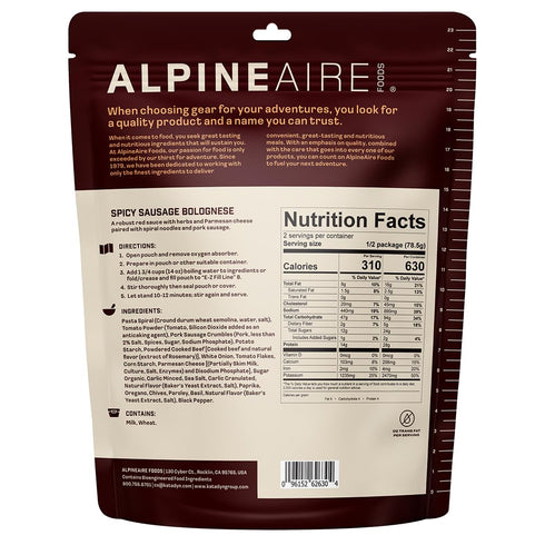 ALPINEAIRE 5.53 Oz 2 630 28g Backpacking 5 Pack 1 Foods Spicy Sausage Bolognese Premium Ready-to-Eat Freeze-Dried Meal