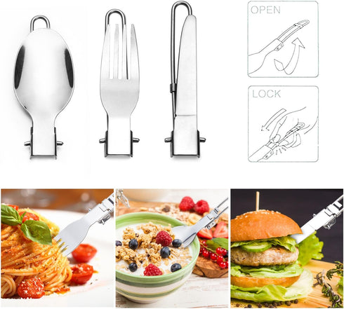 Odoland Camping Cookware Stove, Carabiner Canister Stand, Tripod, Stainless Steel Cup, Fork Spoon Kit