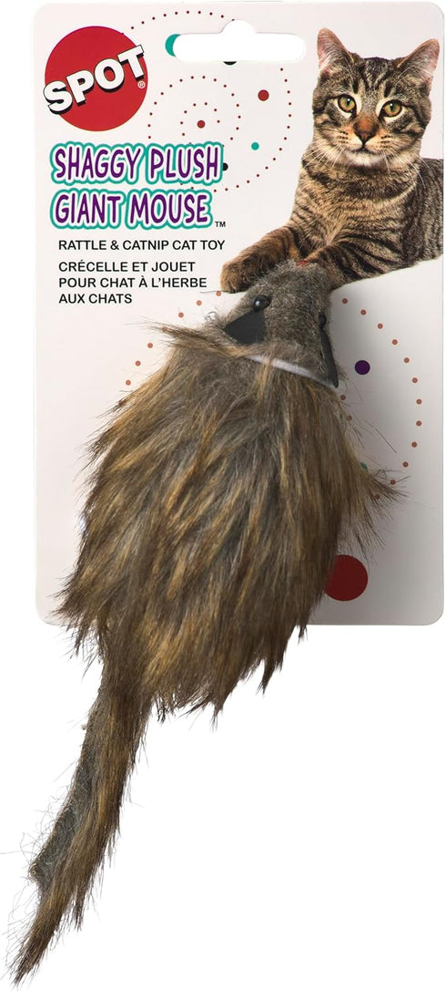 SPOT 8.5in, 1 Shaggy Plush Giant Mouse - Cat Toy, Fuzzy Mice with Catnip and Rattle Toy for Indoor Cats and Kittens