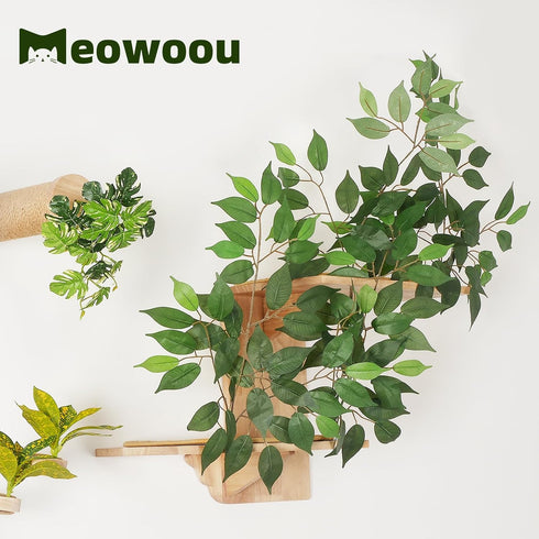 2 Meowoou Cat Wall Shelves with Leaves, Platform Cat Wall Furniture, Cat Tree Shelves, Rubber Wood Wall Perch with Mat