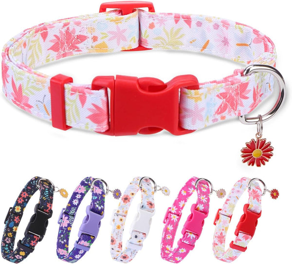 PUPTECK Cute Adjustable Dog Collar, Red Floral Pattern Design for Small Medium Large Dogs, Gift for Male Female Dogs