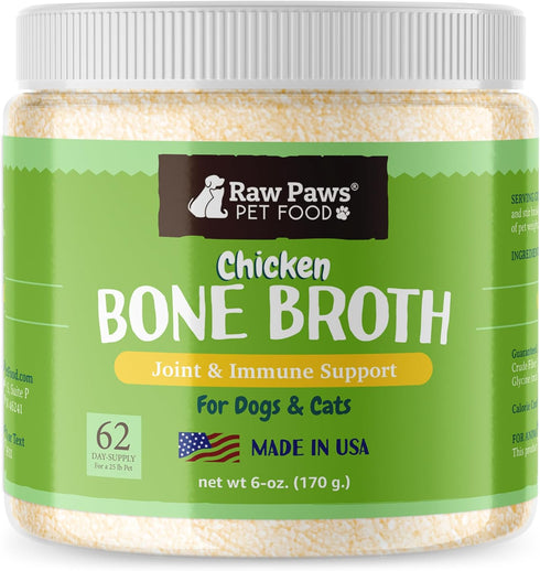 Raw Paws Chicken Bone Broth for Dogs & Cats, 6-oz, Made in USA, Dog Food Topper, Bone Broth Protein Powder