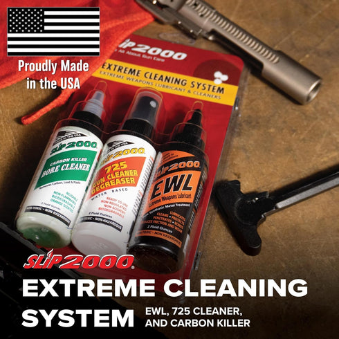 2000 Pack, 725 Slip Extreme Cleaning System Combo Contains Extreme Weapons Lubricant (EWL), Gun Cleaner and Carbon