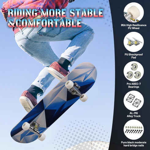 Pro Complete Skateboards for Beginners - 31"x8" Skate Boards, 7 Layers Canadian Maple Double Kick Deck