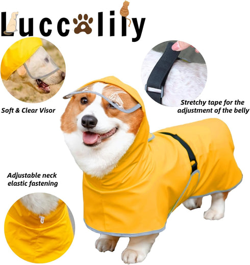 Dog Raincoat with Hood for Medium Dog - Luccalily Waterproof Jacket with Reflective Strip, Adjustable Belly Strap