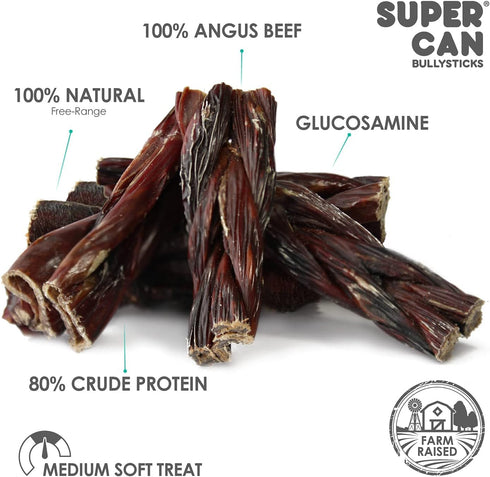 6" (10pc) 100% SUPERCAN BULLYSTICKS Braided Beef Bully Sticks for Small Medium Large Dogs - Natural Dog Chews - Long