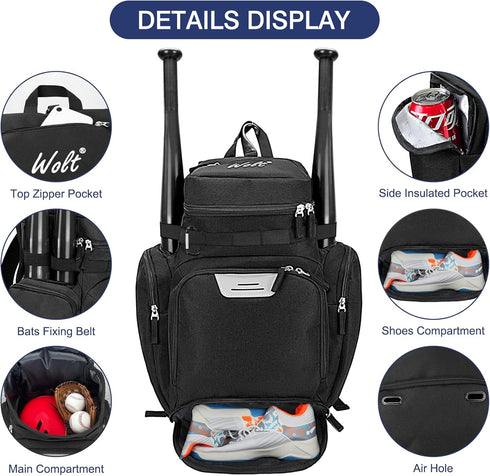 WOLT Baseball Bag Backpack for Youth and Adults, Multifunctional Softball Bag with Separate Helmet Compartment