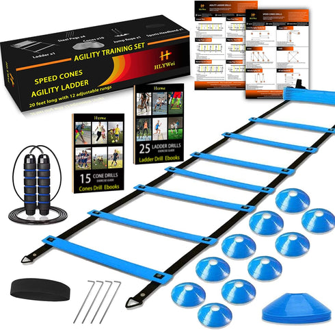 Speed Agility Training Set - Includes Agility Ladder, Steel Stakes, Sports Headband, Jump Rope, Disc Cones, Gym Bag
