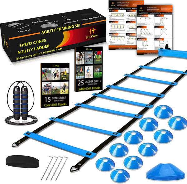 Speed Agility Training Set - Includes Agility Ladder, Steel Stakes, Sports Headband, Jump Rope, Disc Cones, Gym Bag