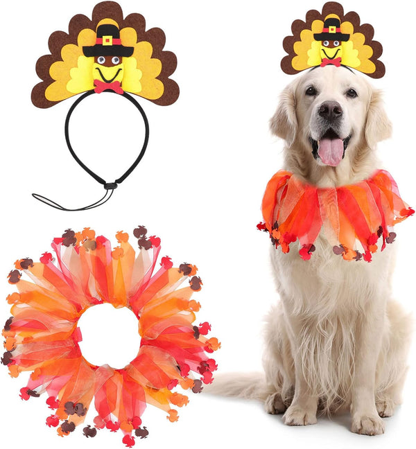 BWOGUE Dog Turkey Costume, Thanksgiving Turkey Headband with Elastic Decorative Collar for Medium Large Dogs