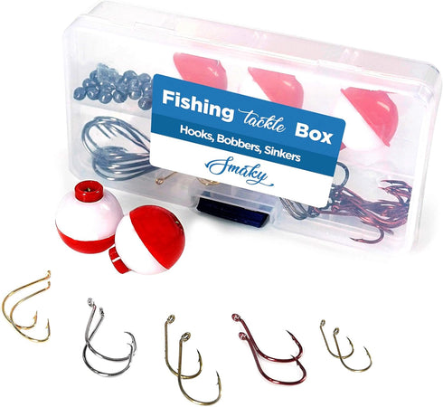 Smaky Fishing Tackle Kit, 80 Pcs Beginners Equipment Includes Hooks, Bobbers, Sinkers for Starter Kit