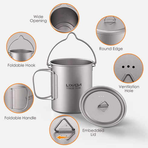 Titanium Cup, Ultralight 750ml Portable Water Mug with Lid and Foldable Handle for Outdoor Camping Cooking Picnic