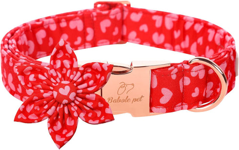 Valentine's Day Dog Collar with Flower Tie, Adjustable Pink Red Collar for Small Medium Large Dogs
