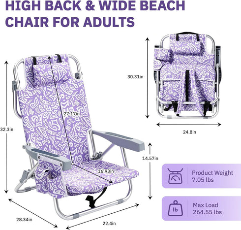 Pinikuyiro Backpack 220LBS Beach Chairs for Adults, Compact Portable Lay Flat Folding Beach Chair with Straps and Large