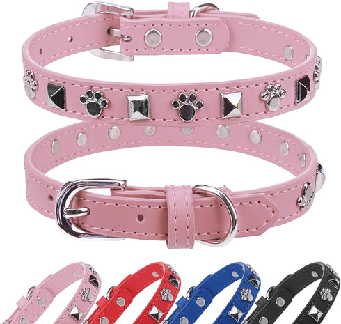 SCENEREAL Leather Dog Collars for Small Medium Dogs, Adjustable Studded Cute Collar for Pet Boy Girl Kittens (Pink, XS)