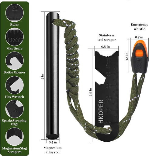 Fire Starter Ferro Rod, 4 Inch Flint and Steel Survival Kit for Camping and Hiking, 6-in-1 Emergency Fire Steel
