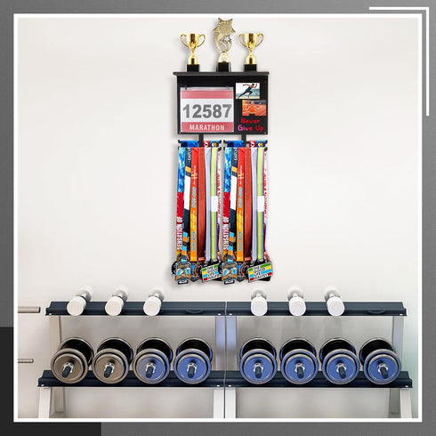 50 40 5 Moxweyeni Race Medal and Bib Display with Trophy Shelf, Wall Mounted Photo Display Board, Ideal Gifts