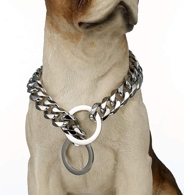 Chain Dog Collar - High Polished Silver Cuban Link Metal Stainless Steel Heavy Duty for Medium Dogs (15MM, 22")