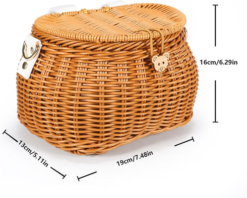 Kids Bike Basket Set, Handwoven Rattan Basket for Bike Scooter Tricycle with Lid and Shoulder Strap