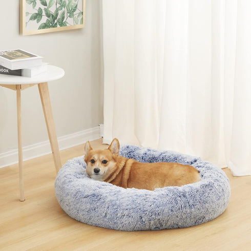 Bedfolks Calming Donut Dog Bed, 30 Inches Round, Fluffy Anti-Anxiety Plush Bed, Machine Washable, Navy Blue