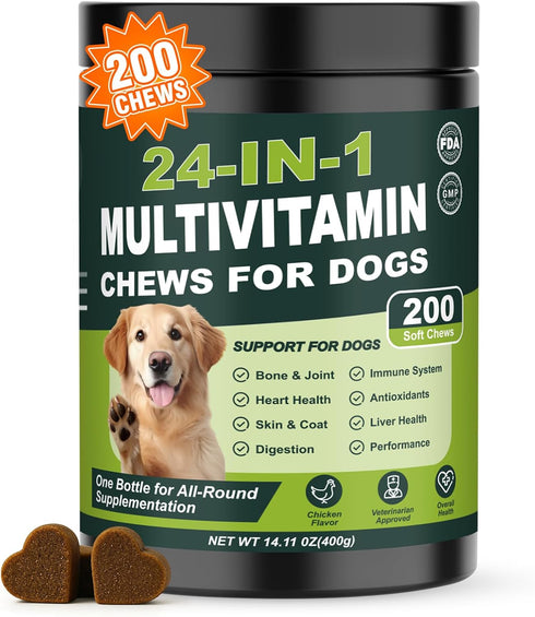 24-in-1 Dog Multivitamins Chewable, 200 Count Dog Vitamins and Supplements with Glucosamine