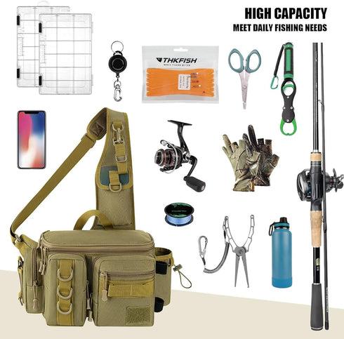 THKFISH Fishing Tackle Bag, Portable Fly Fishing Sling Pack with D-Rings and Waist Strap, Khaki