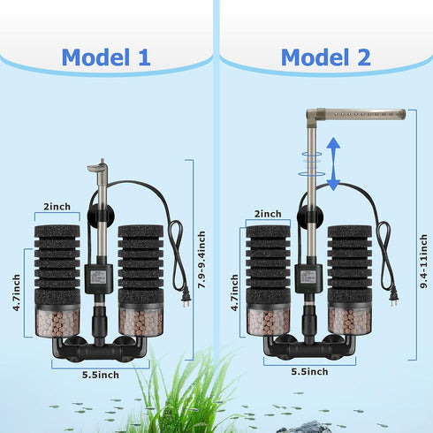 2 Nozzle 10-20 Aquarium Electric Sponge Filter with Submersible Water Pump Silence Motor for Shrimps,Bettas with Bio