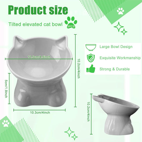 3PCS Elevated Cat Bowls, 15° Tilted Raised Cat Food Bowl Anti-Vomiting, Raised Cat Food and Water Bowl Set for Protecting Pet's Spine, Shallow Cat Food Dish Whisker Friendly
