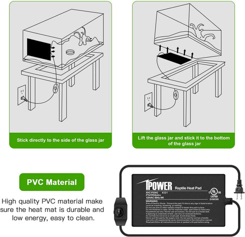 iPower Reptile Heat Mat Under Tank Warmer, 4W/8W/16W/24W Terrarium Heater with Adjustable Controller