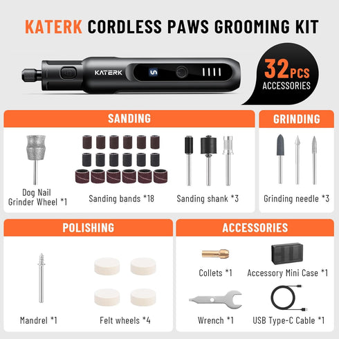 5 Trimmer 360LED 2500mAh 32PCS Katerk Pet Dog Nail Grinder - Speed Quiet Electric Dog Nail with Light, Rechargeable