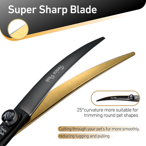 Fenice Peak 8'' Black Dog Grooming Scissors - Golden Curved Scissors with Ergonomic Offset Handle, 440C Durable and