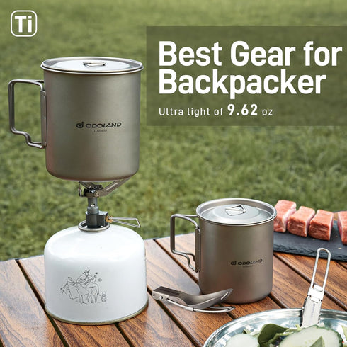 Odoland Titanium Camping Cookware Set: 420ML & 750ML Pot with Lid, Spork - Lightweight for Backpacking, Hiking, Picnic