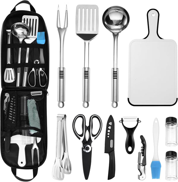 Odoland 14pcs Camping Cookware Set, Stainless Steel Cooking Utensils in Portable Carry Case for Outdoor Use