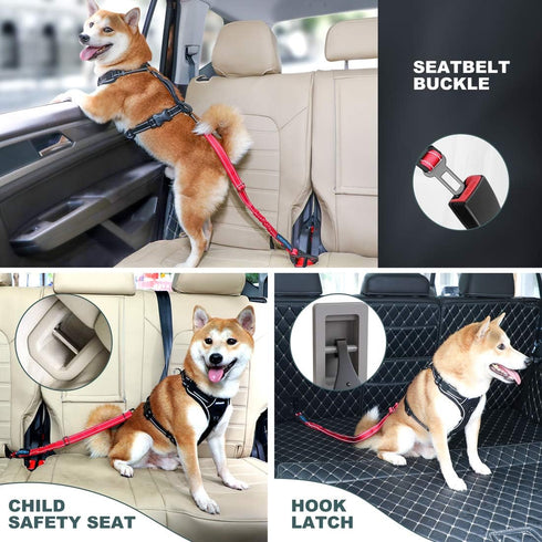 IOKHEIRA 3-in-1 Dog Seat Belt, Adjustable Safety Car Harness, Durable Nylon Reflective Bungee Tether with Clip Hook