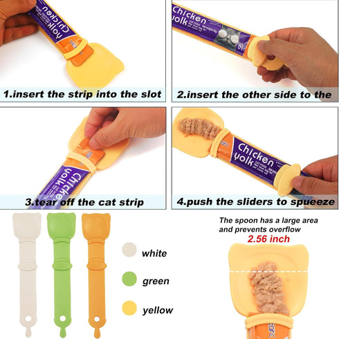2 Pack Cat Strip Feeder, Cat Food Dispenser Spoon, Multi Functional Treat Squeeze Spoon for Cat Bar Treats, Yellow