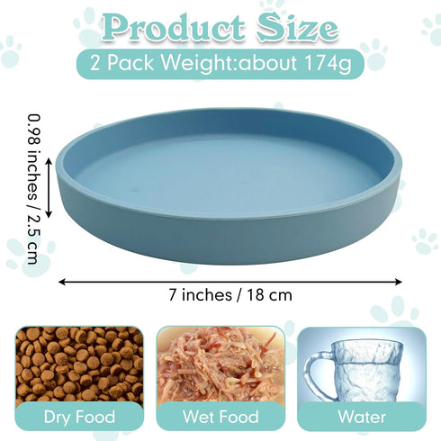 Silicone Cat Bowl Set of 2 Shallow Cat Food Dish 7in Wide Cat Plates Relief Whisker Fatigue Pet Feeding Bowls for Kittens Puppy Dog (Round Blue)