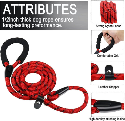 Slip Lead Dog Leash, 6 FT Heavy Duty with Comfortable Padded Handle, Highly Reflective Threads for All Dogs - Red