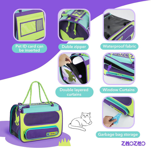 Pet Travel Carrier - TSA Airline Approved Under Seat Cat Carrier with Flea Comb, De-Shedder & Feeding Bowl, Purple