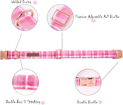 Lionheart glory Valentine's Day Collar, Pink Plaid Dog Collar for Medium Cute Dog Collars Spring Female Pet Gift Adjustable Heavy-Duty Dog Collar Holiday