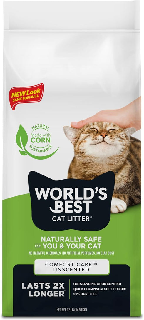 WORLD'S BEST CAT LITTER Comfort Care, 32-Pounds, Unscented, Quick Clumping, Flushable, 99% Dust Free