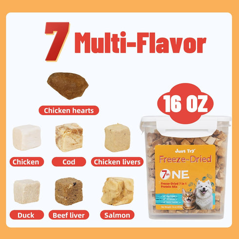 16OZ Just Try Freeze-Dried Dog Treats Mixed Flavors for Dogs & Cats Raw Single Ingredient Chicken,Salmon, Beef