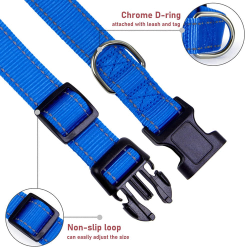 Reflective Dog Collar with Buckle, Adjustable Safety Nylon Collars for Small Medium Large Dogs, Navy Blue (L)