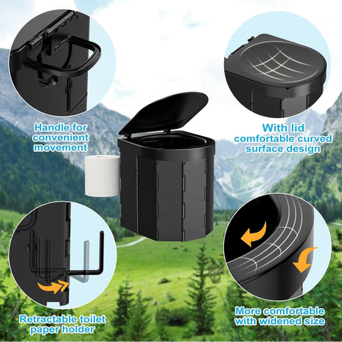 Portable Camping Toilet, Folding Toilet for Adults with Lid and Retractable Toilet Paper Holder, Waterproof Porta Potty