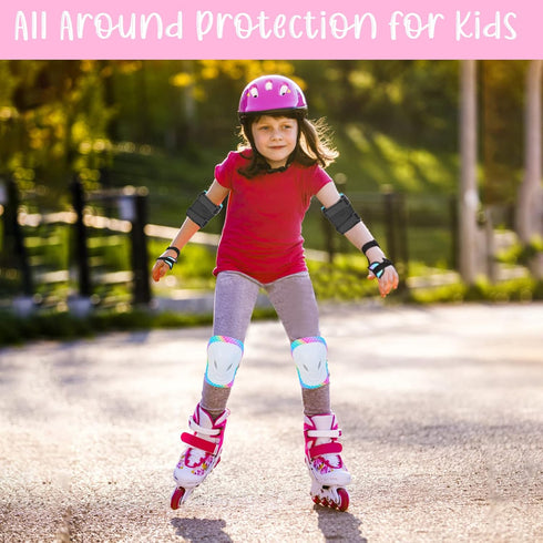 Kids Protective Gear Set, 7 in 1 Knee Pads, Elbow Pads, Wrist Guards for Girls, Skating, Cycling, Ages 3-8